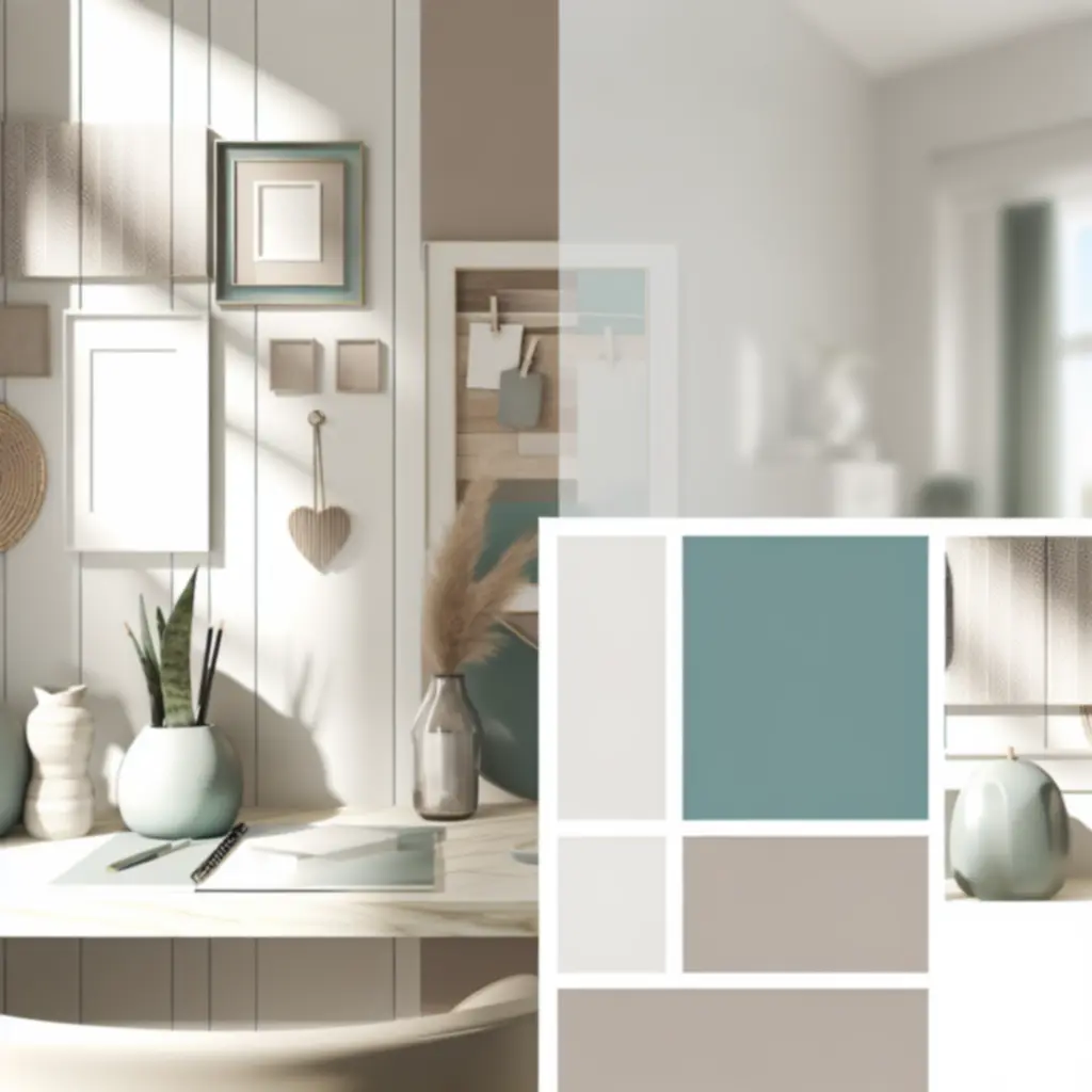 Organized modern home workspace with neatly arranged home goods and warm lighting