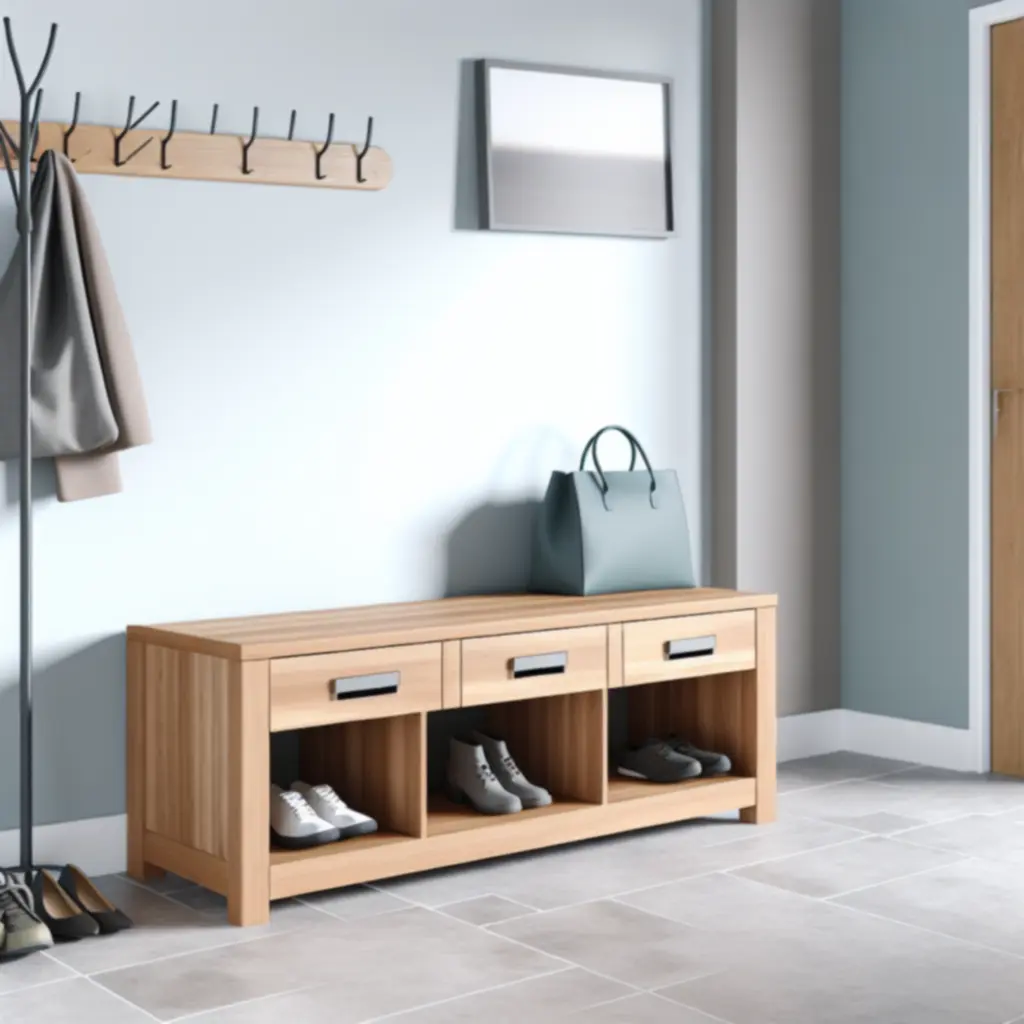 Modern oak entryway bench with integrated storage compartments neatly holding shoes and accessories.