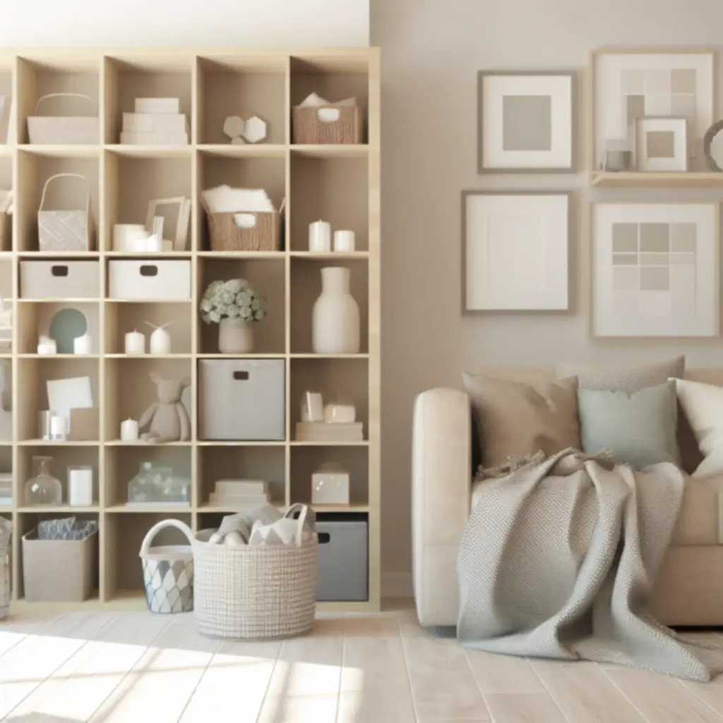 Warm, organized living space featuring Domlumo home essentials neatly styled on shelves and a sideboard.