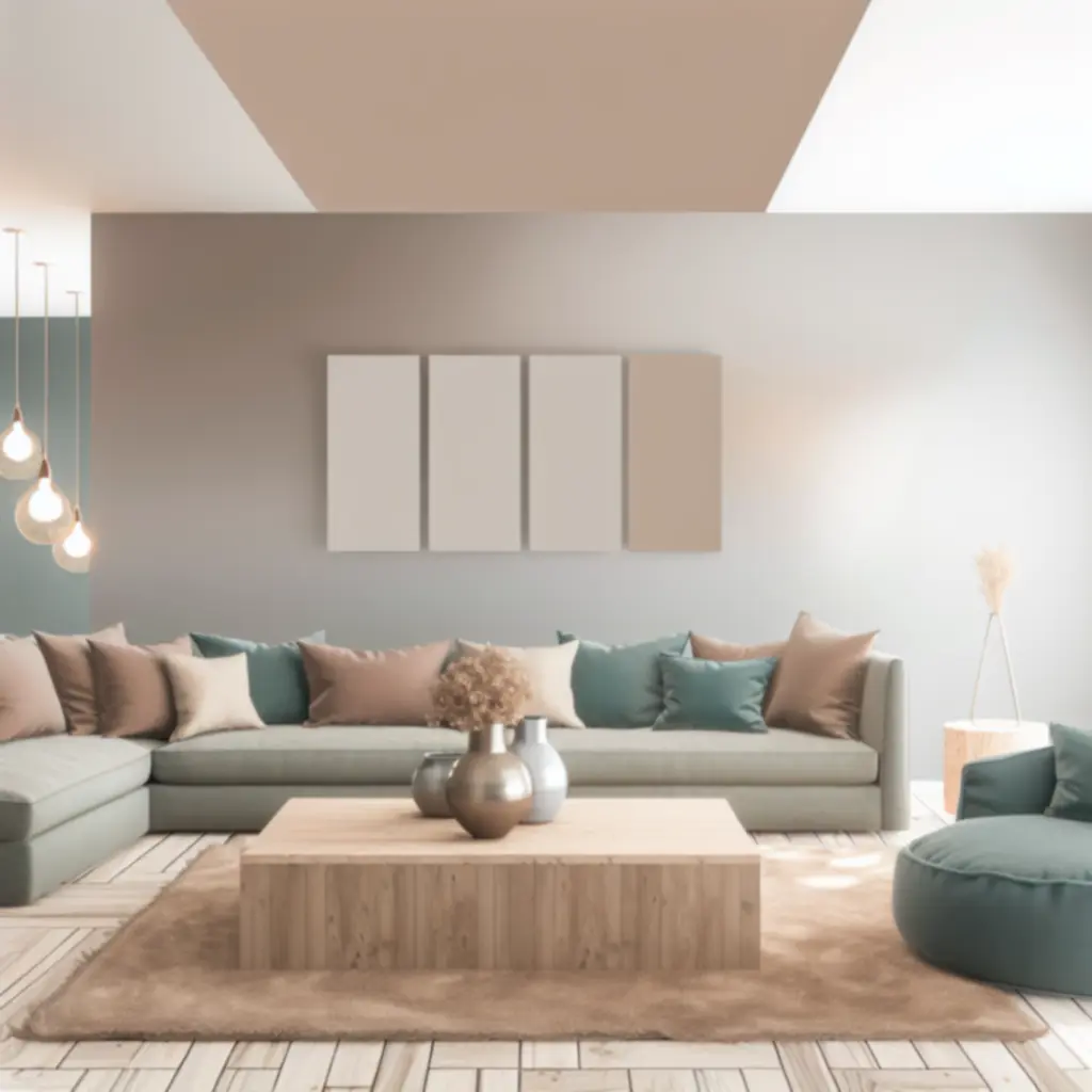 Modern living room with contemporary sofa, wooden coffee table and warm lighting