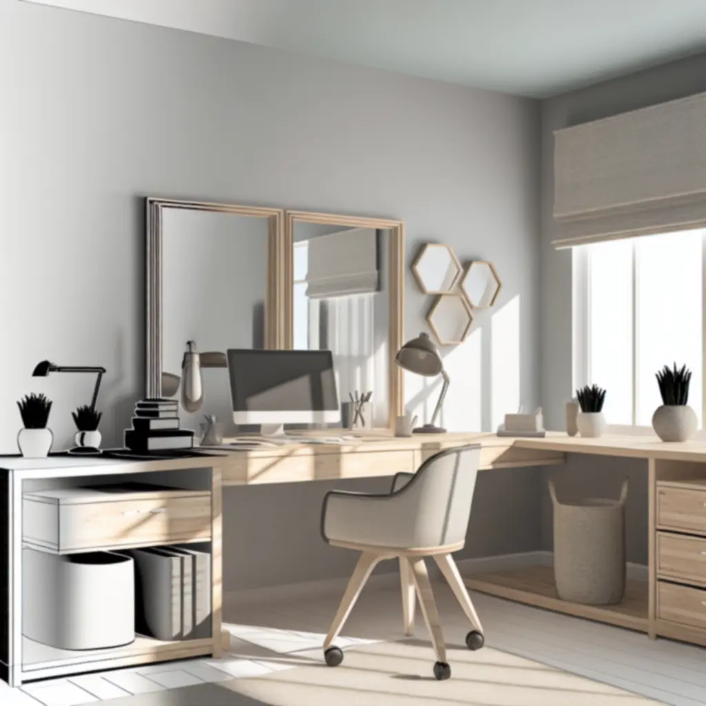 Home office setup with ergonomic desk and chair styled in a modern living space