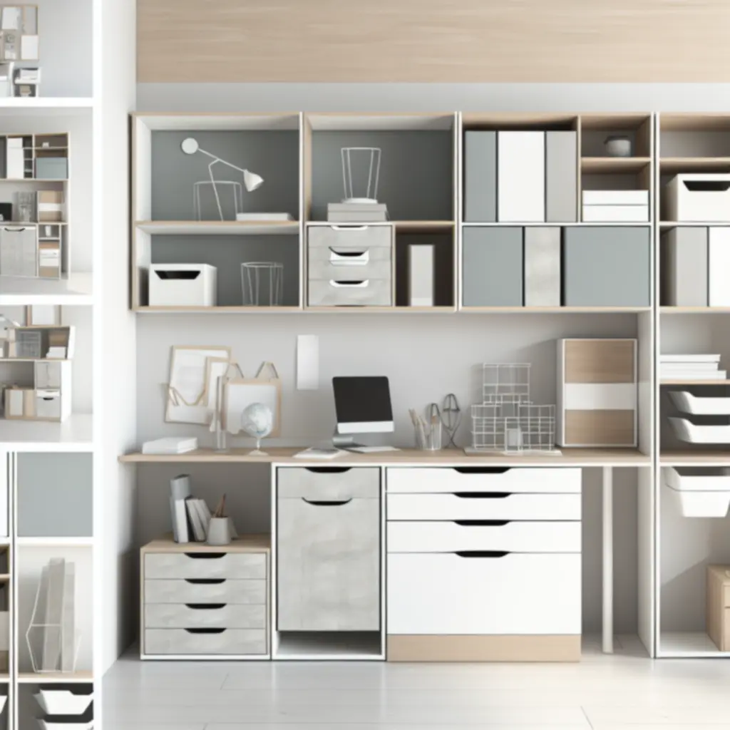 Organized home office with storage desk, wall shelving, and organizers in a bright, modern workspace.
