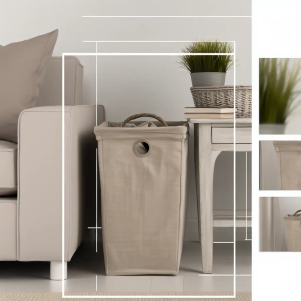 Luxe linen storage basket styled in a softly lit living room.