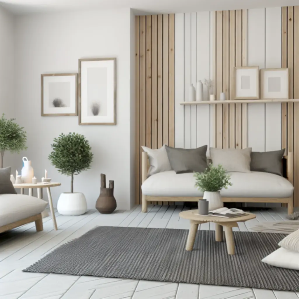 Scandinavian-inspired lounge with light wood furniture, soft textiles, and minimal decor.