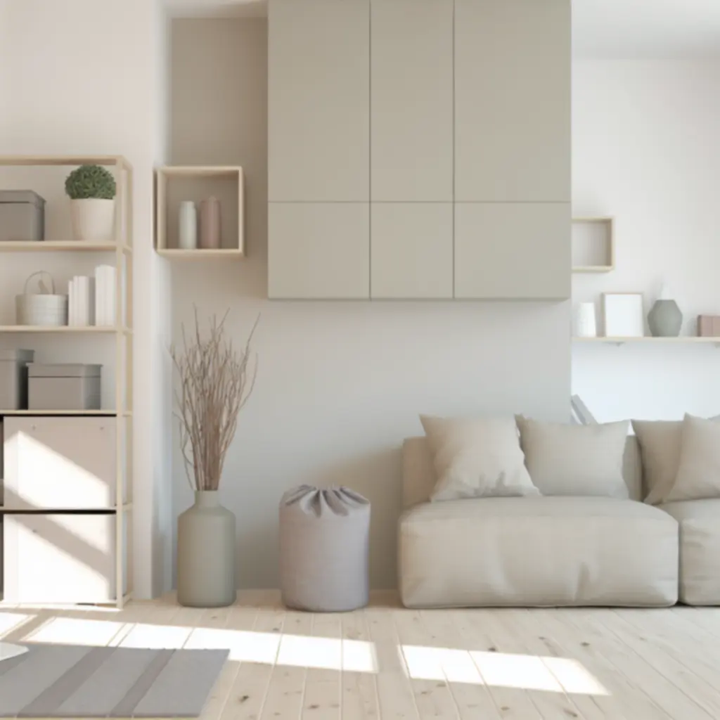 Scandinavian-style living room featuring minimalist storage cabinets and shelving in soft gray and warm wood.