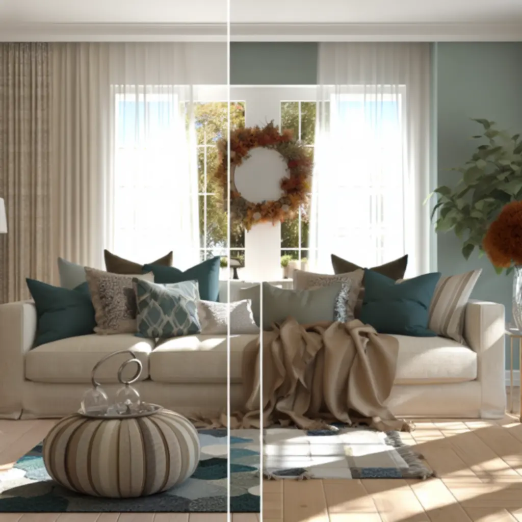 Seasonally styled living room with layered textiles, warm lighting, and practical decor accents.