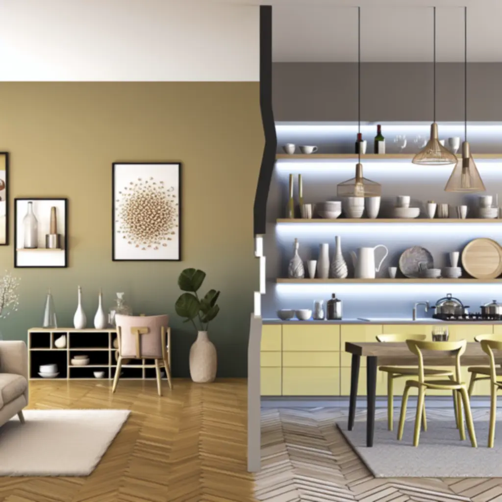 Montage of living room, kitchen, bedroom, bathroom, and workspace interiors.