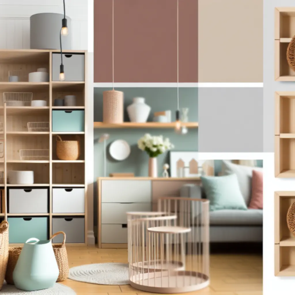 A softly lit living room styled with modern storage furniture, baskets, and shelving.
