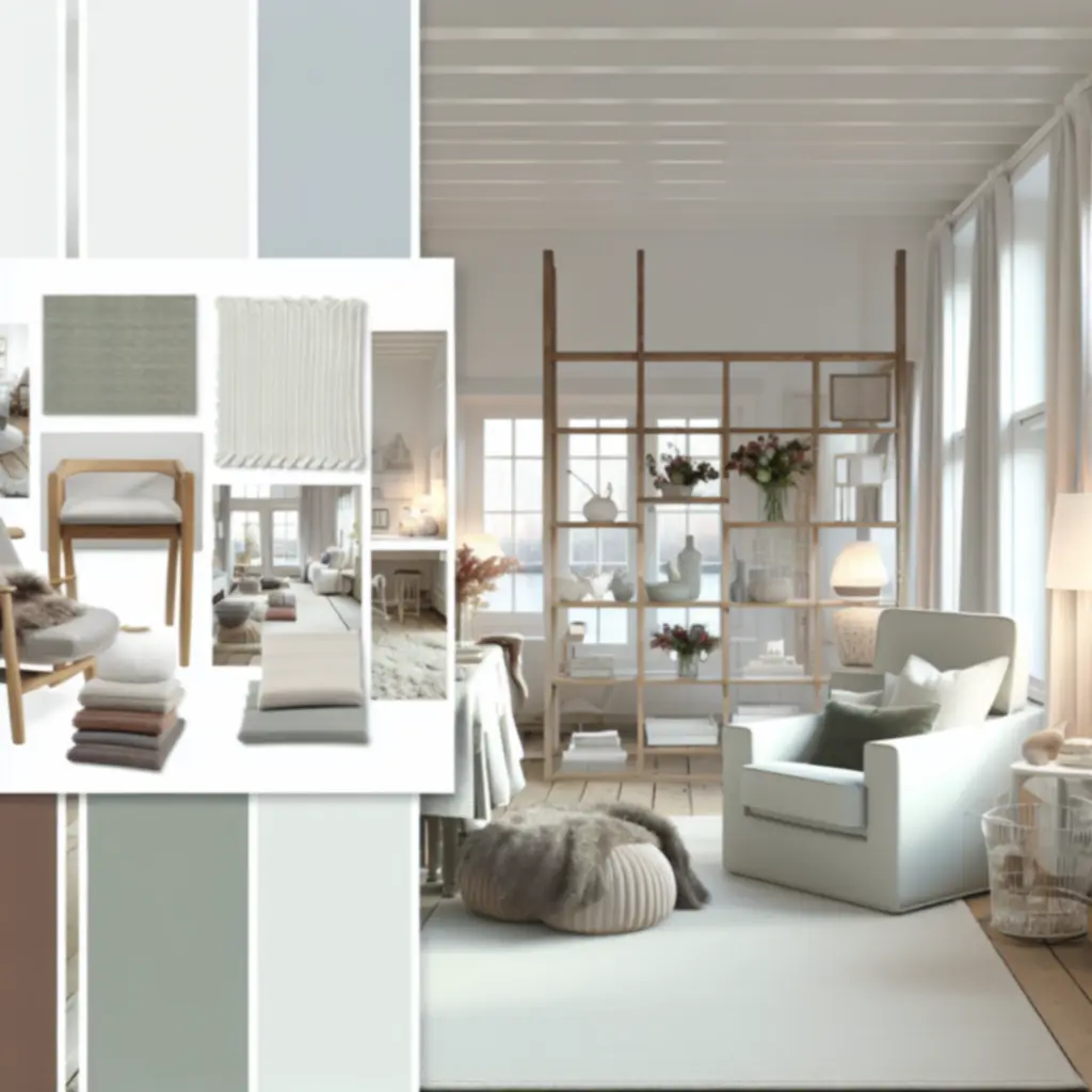 Styled Dutch home interior featuring a coordinated sofa, table, and storage