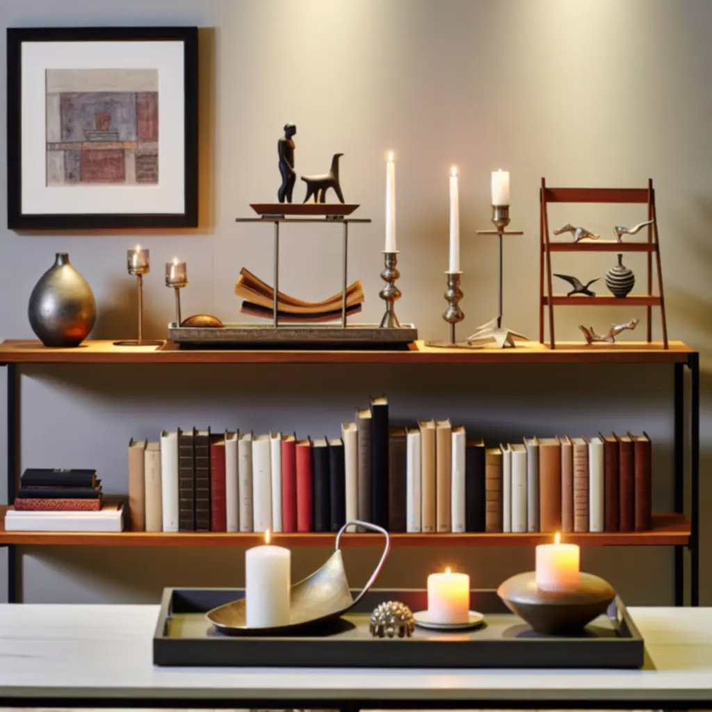 Tabletop vignette with candles, tray, and décor objects